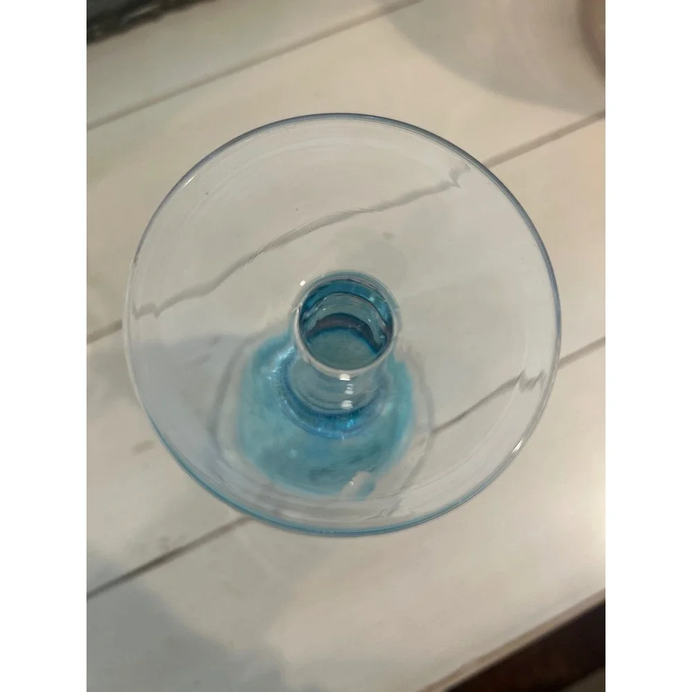 Hand Blown Seed Bubble Art Glass Wine Goblets Green Blue Set of 2 8.5
